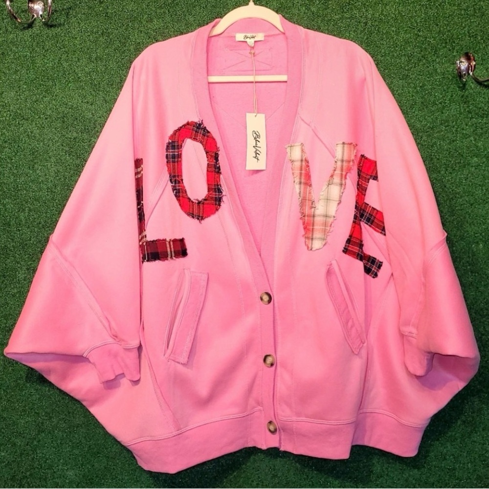 NWT Boutique Blue Velvet Pink Love Patchwork oversized sweater